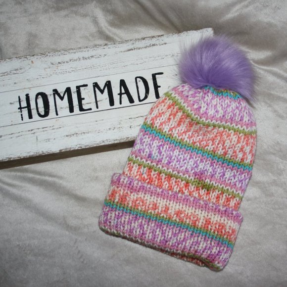 Orange and purple knit beanie with fur pom NEW